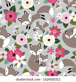 Seamless vector pattern with cute hand drawn fox family and flowers on lifgt grey background. Perfect for textile, wallpaper or print design.