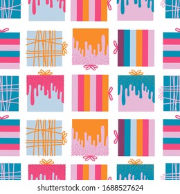 Seamless vector pattern with cute hand drawn gift boxes, ribbon and confetti. Pattern with a lot of presents for fabric, textile, wrapping paper, wallpaper, web. Flat design. Vector stock illustration