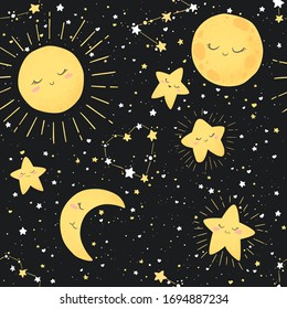 Seamless vector pattern with cute hand drawn cartoon moon, sun and stars on dark background. Design for print, fabric, wallpaper, card