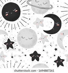 Seamless vector pattern with cute hand drawn cartoon space objects-sun, moon, planets and stars isolated on white background. Design for print, fabric, wallpaper, card