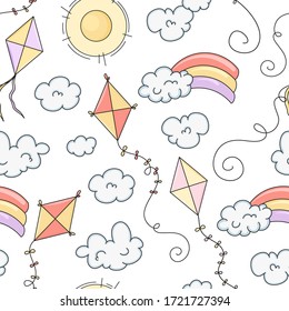 Seamless vector pattern with cute hand drawn kites, sun, rainbow and clouds. Fun summer background for card, print, poster, advertising, fabric, wallpaper.