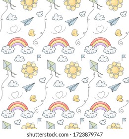 Seamless vector pattern with cute hand drawn kite, paper plane, butterfly, sun, clouds and rainbow. Fun summer background for card, print, poster, advertising, fabric, wallpaper.