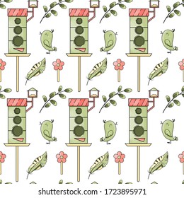 Seamless vector pattern with cute hand drawn birdhouse with feeder, bird, feather and plant. Funny summer background for print, poster, wrapping paper, advertising, fabric, wallpaper.