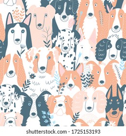 Seamless vector pattern with cute hand drawn dogs and flowers. Dogs different breeds. Husky, Dalmatian, bulldog, spaniel, doberman. Perfect for kids apparel, textile, nursery, wrapping paper