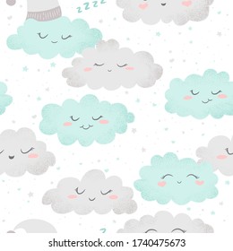 Seamless vector pattern with cute hand drawn cartoon clouds and stars on white background. Design for for baby room decoration, print, fabric, wallpaper, card