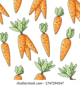 Seamless vector pattern with cute hand drawn carrots. Colorful vegetable background for package, banner, print, card, fabric, label, advertising, textile, wrapping paper, web.