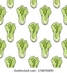 Seamless vector pattern with cute hand drawn lettuce salad. Fresh greens background for package, banner, print, card, fabric, label, advertising, textile, wrapping paper, web.