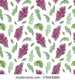 Seamless vector pattern with cute hand drawn leafy greens isolated on white background. Fresh arugula, kale, basil and radicchio salad for package, banner, print, fabric, label, advertising, textile.