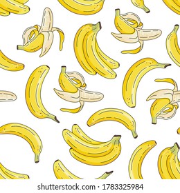 Seamless vector pattern with cute hand drawn whole, peeled and bunch of ripe banana fruits isolated on white background. For package, banner, print, fabric, label, advertising, textile, wrapping paper