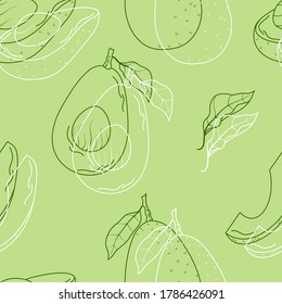 Seamless vector pattern with cute hand drawn whole, half and cut avocado with leaves. White and green line objects on green background. For wrapping paper, invitation, gift, fabric, wallpaper, textile