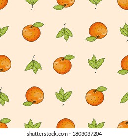 Seamless vector pattern with cute hand drawn oranges and leaves on orange background. Graphic texture for wrapping paper, invitation, card, gift, fabric, wallpaper, web, textile, advertising or poster