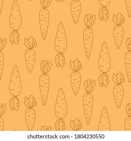 Seamless vector pattern with cute hand drawn carrots. Brown line objects on orange background. For invitation, package, banner, print, card, fabric, label, advertising, textile, wrapping paper, web.