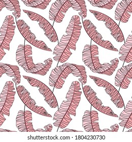 Seamless vector pattern with cute hand drawn tropical leaves. Pink color palette. Graphic texture for poster, package, wrapping paper, gift, fabric, wallpaper, textile, banner, web.