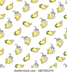 Seamless vector pattern with cute hand drawn lemon and lemonade. Graphic texture for package, wrapping paper, card, label, fabric, poster, menu, cafe, restaurant, advertising, textile, wallpaper.
