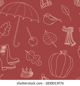 Seamless vector pattern with cute hand drawn umbrella, knitted hat and scarf, rain boots, leaves, pumpkin. White line objects on red background. For wrapping paper, invitation, card, gift, print, web.
