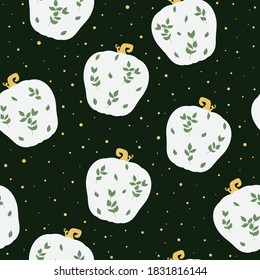 Seamless vector pattern with cute hand drawn pumpkins with floral design. Green, white and gold color palette. For wrapping paper, invitation, card, gift, poster, banner, cover notebook, advertising.