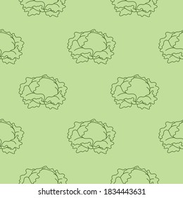 Seamless vector pattern with cute hand drawn cabbage. Emerald line objects on green background. For invitation, package, banner, print, card, fabric, label, advertising, textile, wrapping paper, web.