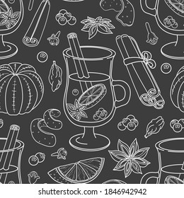 Seamless vector pattern with cute hand drawn Christmas mulled wine with spices and oranges on chalkboard. Beautiful texture for banner, advertising, holiday poster, package, wrapping paper, print.