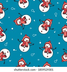 Seamless vector pattern with cute hand drawn snowman. Whimsical winter texture. Funny background for kids room decor, print, poster, card, gift, packaging, banner, wallpaper, wrapping paper, fabric. 