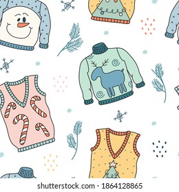 
Seamless vector pattern with cute hand drawn ugly Christmas sweaters and vests. Fun winter background for holiday design card, print, gift, poster, advertising, fabric, wallpaper, wrapping paper, web