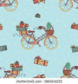 Seamless vector pattern with cute hand drawn bicycles with garlands, stack of gift and present boxes. Christmas texture for print, poster, package, advertising, fabric, wallpaper, wrapping paper, web.