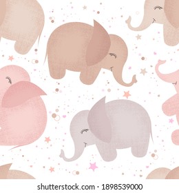 Seamless vector pattern with cute hand drawn elephants on white background. Design for print, fabric, wallpaper, card, baby shower