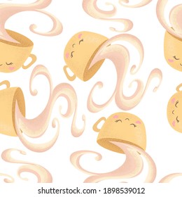 Seamless vector pattern with cute hand drawn cartoon cups isolated on white background. Design for print, fabric, wallpaper, card