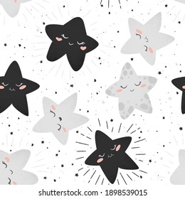 Seamless vector pattern with cute hand drawn cartoon stars isolated on white background. Design for print, fabric, wallpaper, card, baby room decoration