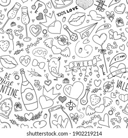 Seamless vector pattern with cute hand drawn Love and Valentine's Day objects and symbols. Doodle cartoon elements background for wrapping paper, textile, print, banner, packaging, fabric, gift, web.