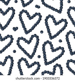 Seamless vector pattern with cute hand drawn berries in the shape of a heart. Stylized healthy lifestyle design elements. Fun background for wrapping paper, print, banner, advertising, fabric, gift.