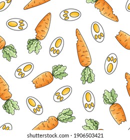 Seamless Vector Pattern With Cute Hand Drawn Carrot And Bunny Paw Prints. Funny Animal Footprint Background For Kids Room Decor, Nursery Art, Print, Fabric, Wallpaper, Wrapping Paper, Textile, Gift.