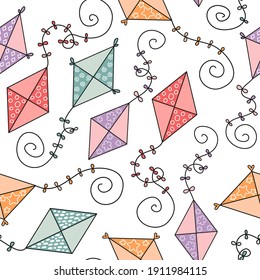 Seamless vector pattern with cute hand drawn flying kites. Fun summer activity childish background for kids room decor, clothing, nursery art, print, fabric, wallpaper, textile, wrapping paper, poster