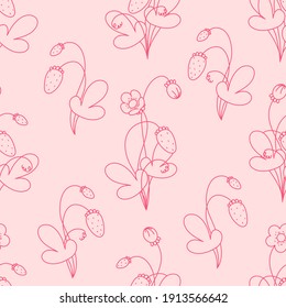 Seamless vector pattern with cute hand drawn strawberry. Gardening theme doodle elements. Red line botanical objects on pink background. For wrapping paper, textile, print, banner, fabric, wallpaper.