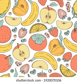 Seamless vector pattern with cute hand drawn fruits and berries isolated on white background. Vintage fruity texture for wrapping paper, textile, print, fabric, wallpaper, poster, advertising, web.