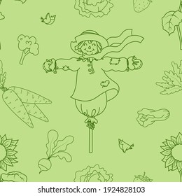 Seamless vector pattern with cute hand drawn scarecrow, vegetables and fruits doodle style elements. Emerald line objects on green background. For textile, print, advertising, fabric, wallpaper, web.
