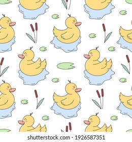 Seamless vector pattern with cute hand drawn duck floating in the pond. Funny summer background for kids room decor, nursery art, wrapping paper, print, banner, advertising, fabric, gift, textile, web