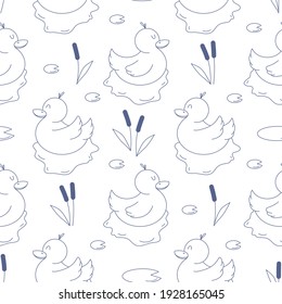 Seamless vector pattern with cute hand drawn pond with floating duck and aquatic plants. Line objects. Fun background for kids room decor, nursery art, print, fabric, gift, textile, wallpaper, package