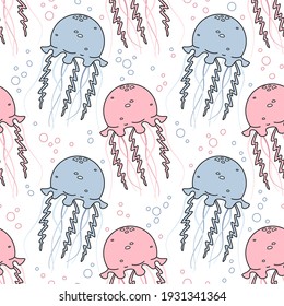 Seamless vector pattern with cute hand drawn jellyfish isolated on white background. Beautiful sealife texture for kids room decor, clothing, nursery art, print, fabric, wallpaper, textile, poster.