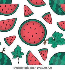 Seamless vector pattern with cute hand drawn sweet whole, cut in half and sliced watermelon isolated on white background. Top view. For wrapping paper, card, textile, gift, fabric, wallpaper, banner.