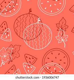 Seamless vector pattern with cute hand drawn watermelon fruit theme doodle elements. Ruby and white line objects on red background. For wrapping paper, textile, print, advertising, fabric, wallpaper.