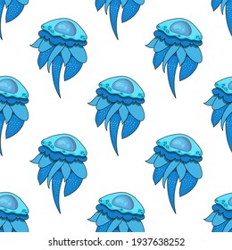 Seamless vector pattern with cute hand drawn blue jellyfish isolated on white background. Abstract geometric design. Marine texture for kids room decor, nursery art, print, fabric, wallpaper, textile.