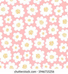 Seamless Vector Pattern With Cute Hand Drawn Daisies. Fun Design. White Daisy Flowers Field On Pink Background. Floral Summer Texture For Wrapping Paper, Card, Gift, Fabric, Textile, Banner, Wallpaper