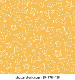 Seamless vector pattern with cute hand drawn starfishes. White line objects on yellow background. For wrapping paper, card, gift, fabric, textile, banner, wallpaper, package, web.