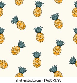 Seamless vector pattern with cute hand drawn pineapples isolated on yellow background. Fun summer ornament. Tropical fruit texture for wrapping paper, textile, print, fabric, wallpaper, print, gift.