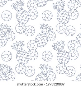 Seamless vector pattern with cute hand drawn pineapple doodle elements. Lineart objects on white background. Fruity texture for wrapping paper, textile, print, gift, fabric, wallpaper, banner, web.