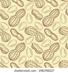 Seamless vector pattern with cute hand drawn peanuts. Healthy snack illustration. Line objects, isolated background. Food texture for wrapping paper, card, print, gift, fabric, wallpaper, textile, web