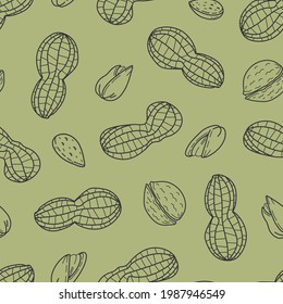 Seamless vector pattern with cute hand drawn peanut, pistachio, almond, walnut. Mix nut doodle elements. Fun nutty background for wrapping paper, textile, print, fabric, wallpaper, print, gift, banner