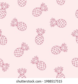 Seamless Vector Pattern With Cute Hand Drawn Pineapples. Red Line Objects Isolated On Pink Background. Vintage Fruity Texture For Wrapping Paper, Textile, Print, Fabric, Wallpaper, Print, Gift.