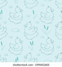 Seamless vector pattern with cute hand drawn duckling in the lake. Line objects. Summer background for kids room decor, fashion, nursery art, wrapping paper, print, fabric, gift, textile, wallpaper.