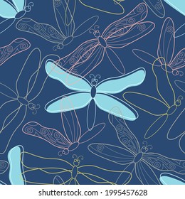 Seamless vector pattern with cute hand drawn damselflies. Colorful line objects on blue background. Summer background for wrapping paper, packaging, gift, fabric, wallpaper, textile, apparel.